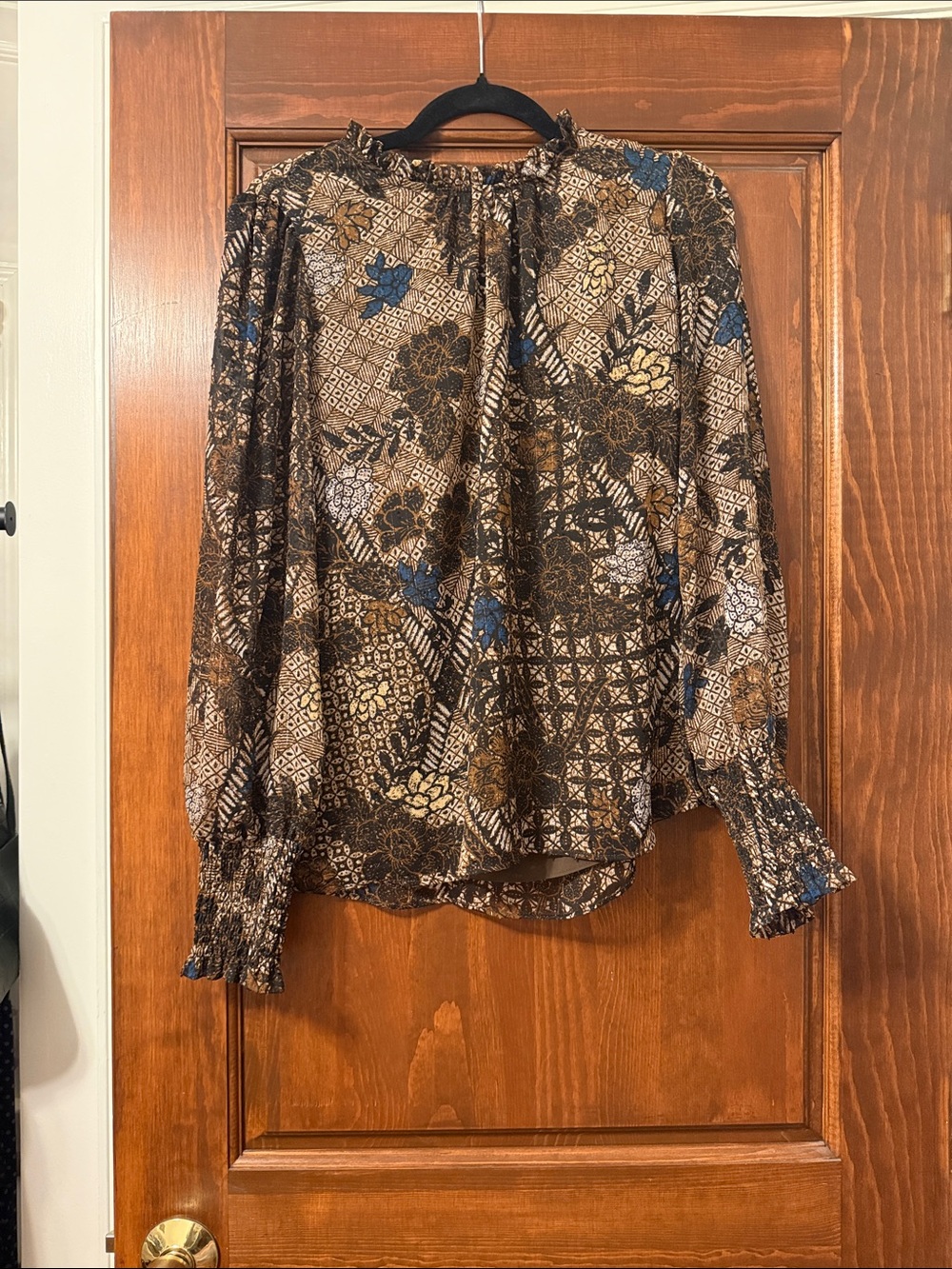 Joie Brown Floral and Blue Accent Long Sleeve Blouse